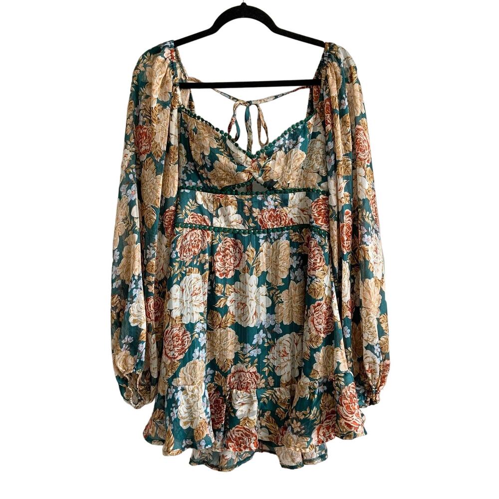 Floral Tie-Back Mini Dress in Teal and Cream